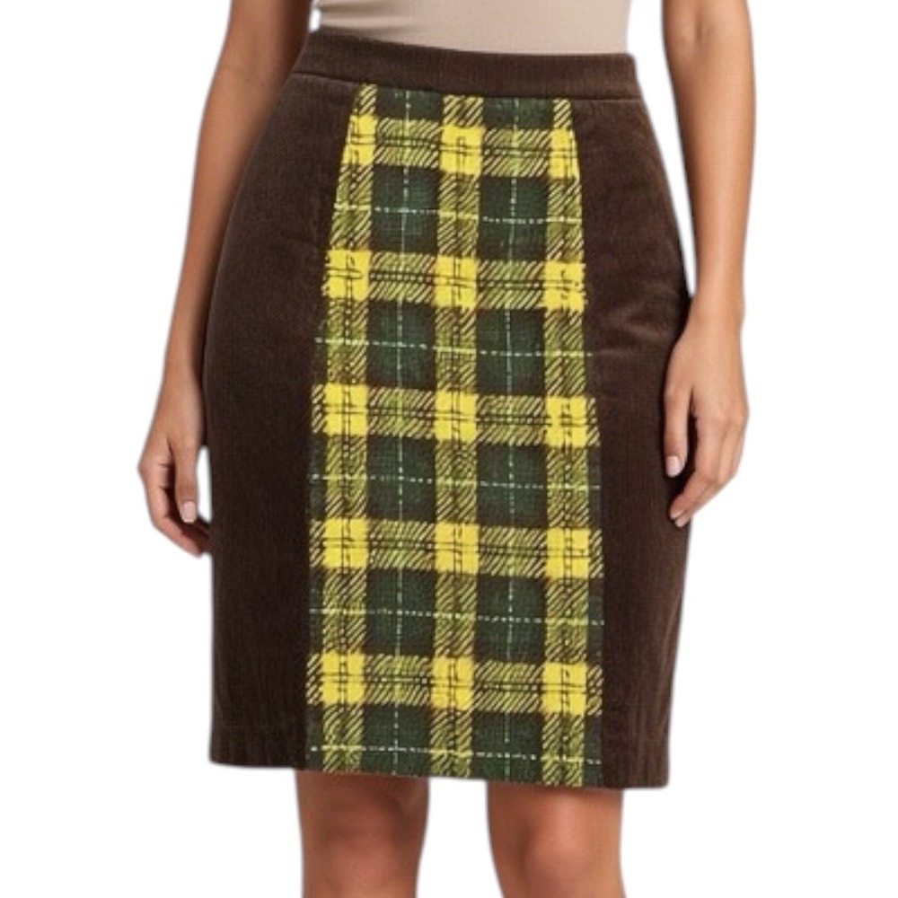 Maeve Anthropologie Brown Corduroy Plaid Wool Panel Pencil Skirt 100% Cotton 8